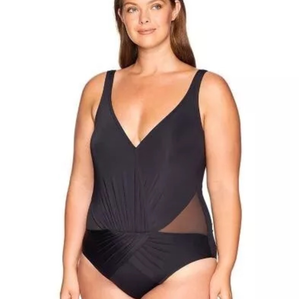 Kenneth Cole Reaction Womens V-Neck Black 1-Piece‎ Swimsuit Plus Sz 1X--nwt